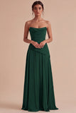 Burgundy A Line Ruched Strapless Long Formal Dress