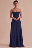 Burgundy A Line Ruched Strapless Long Formal Dress
