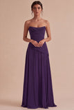 Burgundy A Line Ruched Strapless Long Formal Dress