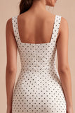 White and Black Square Neck Bodycon Midi Polka Dots Dress