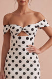 Bodycon White and Black Keyhole Off the Shoulder Midi Polka Dots Dress
