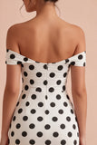 Bodycon White and Black Keyhole Off the Shoulder Midi Polka Dots Dress