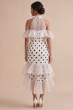 Cold Shoulder White Black Dots Ruffled High Low Mermaid Graduation Dress