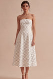 White and Black Strapless A Line Midi Polka Dots Dress
