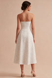 White and Black Strapless A Line Midi Polka Dots Dress