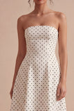 White and Black Strapless A Line Midi Polka Dots Dress