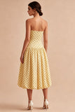 Yellow and Black A Line Midi Strapless Polka Dots Dress