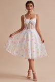Corset Floral White Midi Thick Straps Beaded A Line Graduation Dress