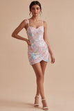 Floral Sparkly Pink Tight Short Thick Straps Beaded Graduation Dress