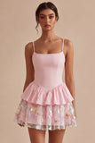 Pink A Line Short Floral Spaghetti Straps Graduation Dress with Ruffles
