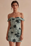 Green Tight Short Floral Off the Shoulder Graduation Dress