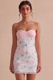 Sparkly Pink and White Floral Tight Mini Strapless Beaded Graduation Dress