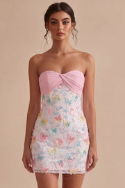 Sparkly Pink and White Floral Tight Mini Strapless Beaded Graduation Dress