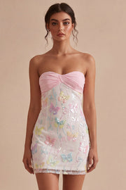 Sparkly Pink and White Floral Tight Mini Strapless Beaded Graduation Dress