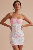 Sparkly Pink and White Floral Tight Mini Strapless Beaded Graduation Dress