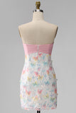 Sparkly Pink and White Floral Tight Mini Strapless Beaded Graduation Dress