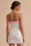 Sparkly Pink and White Floral Tight Mini Strapless Beaded Graduation Dress