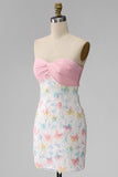 Sparkly Pink and White Floral Tight Mini Strapless Beaded Graduation Dress