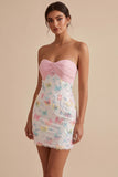 Sparkly Pink and White Floral Tight Mini Strapless Beaded Graduation Dress