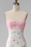 Sparkly Pink and White Floral Tight Mini Strapless Beaded Graduation Dress