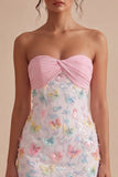 Sparkly Pink and White Floral Tight Mini Strapless Beaded Graduation Dress