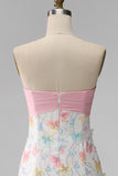 Sparkly Pink and White Floral Tight Mini Strapless Beaded Graduation Dress