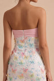 Sparkly Pink and White Floral Tight Mini Strapless Beaded Graduation Dress