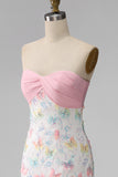 Sparkly Pink and White Floral Tight Mini Strapless Beaded Graduation Dress