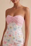 Sparkly Pink and White Floral Tight Mini Strapless Beaded Graduation Dress