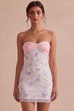 Sparkly Pink and White Floral Tight Mini Strapless Beaded Graduation Dress