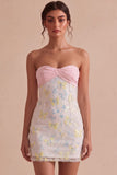 Sparkly Pink and White Floral Tight Mini Strapless Beaded Graduation Dress