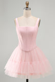 Pink A Line Short Corset Thick Straps Graduation Dress with Ruffles