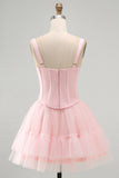 Pink A Line Short Corset Thick Straps Graduation Dress with Ruffles