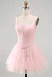 Pink A Line Short Corset Thick Straps Graduation Dress with Ruffles
