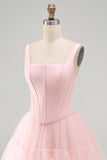 Pink A Line Short Corset Thick Straps Graduation Dress with Ruffles
