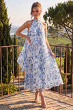 Blue A Line Halter Pleated Midi Floral Wedding Guest Dress