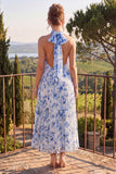 Blue A Line Halter Pleated Midi Floral Wedding Guest Dress