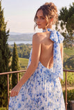 Blue A Line Halter Pleated Midi Floral Wedding Guest Dress