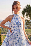 Blue A Line Halter Pleated Midi Floral Wedding Guest Dress