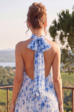 Blue A Line Halter Pleated Midi Floral Wedding Guest Dress
