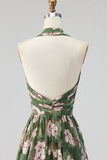 Green Halter Neck Chiffon Ruched A-Line Floral Long Bridesmaid Dress