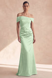 Off The Shoulder Olive Mermaid Ruched Bridesmaid Wedding Guest Dress