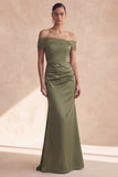 Off The Shoulder Olive Mermaid Ruched Bridesmaid Wedding Guest Dress