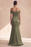 Off The Shoulder Olive Mermaid Ruched Bridesmaid Wedding Guest Dress