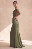 Off The Shoulder Olive Mermaid Ruched Bridesmaid Wedding Guest Dress