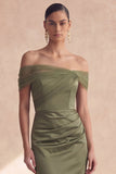 Off The Shoulder Olive Mermaid Ruched Bridesmaid Wedding Guest Dress