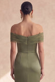 Off The Shoulder Olive Mermaid Ruched Bridesmaid Wedding Guest Dress
