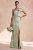 One Shoulder Floral Sage Mermaid Long Bridesmaid Dress with Slit