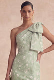 One Shoulder Floral Sage Mermaid Long Bridesmaid Dress with Slit