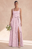 Sage A Line Floral Long Thick Straps Bridesmaid Dress with Bow